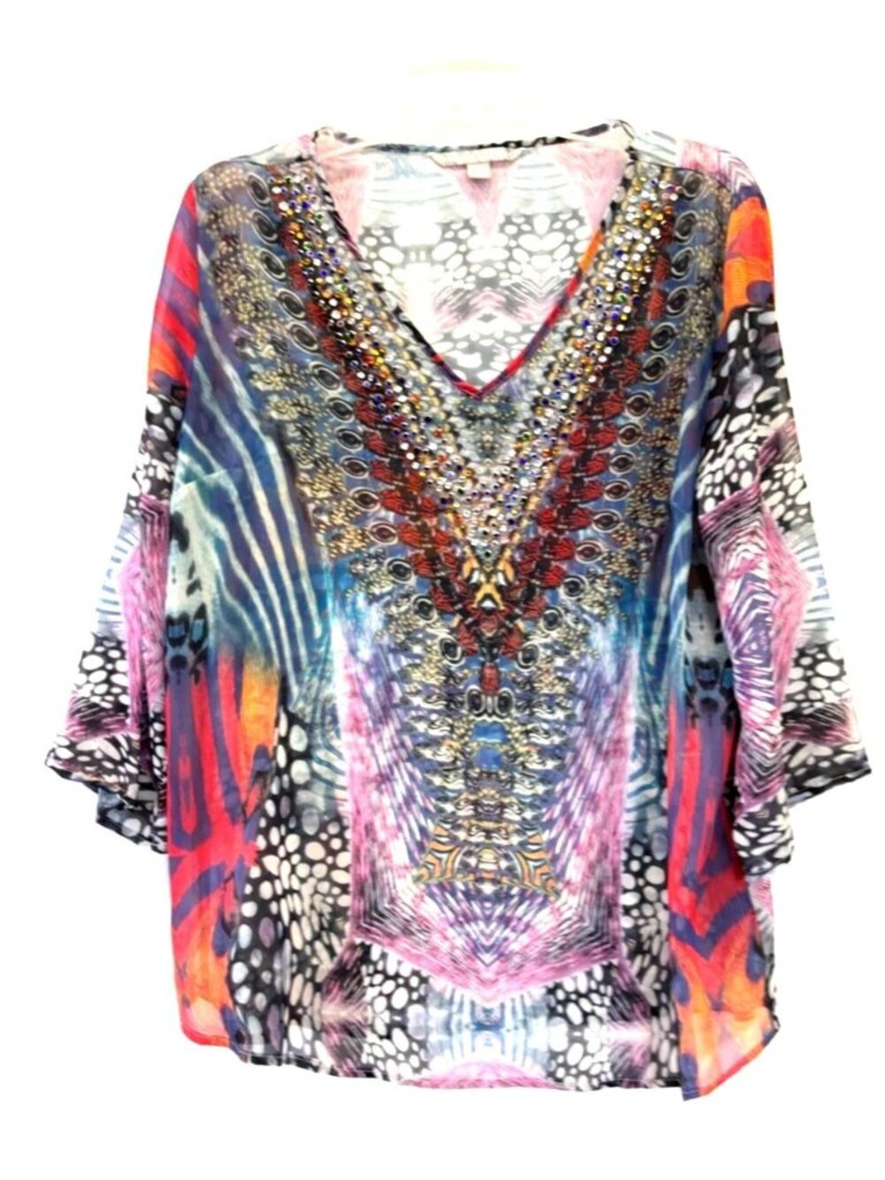 Sheer Multicolor Top Size Large with Studded Neck by Valerie Stevens